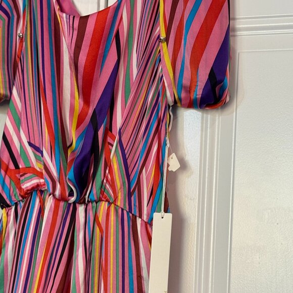 Line & Dot Multicolor Puff Sleeve Silk Mini Dress | Size S - Picture 6 of 11